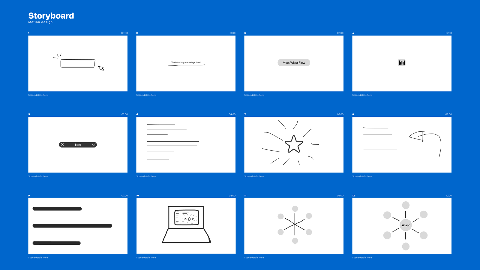 Motion design storyboard with twelve panels on a blue background