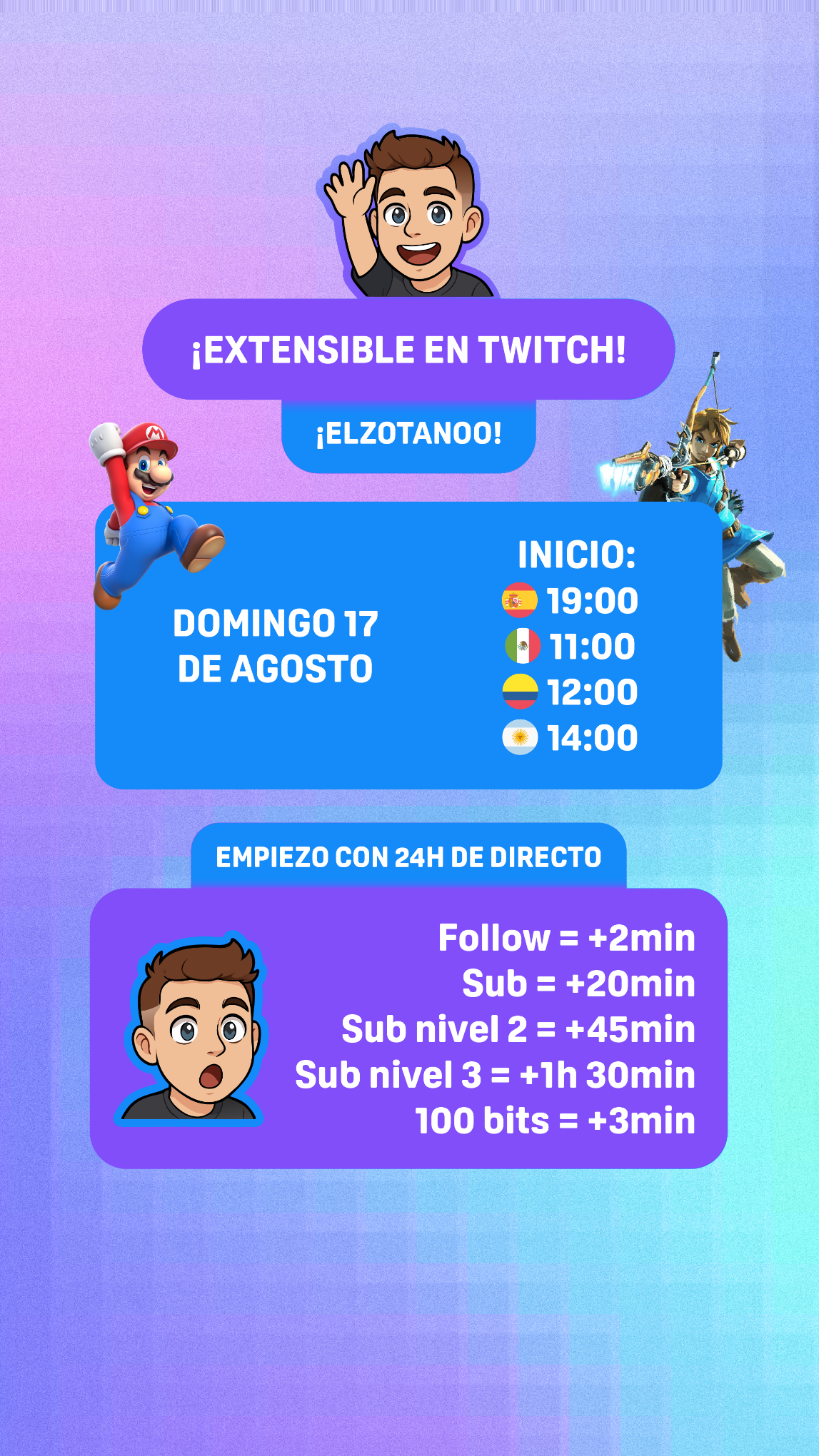 Cartel vertical para Twitch del subatón Extensible con horas de inicio por país y reglas de extensión