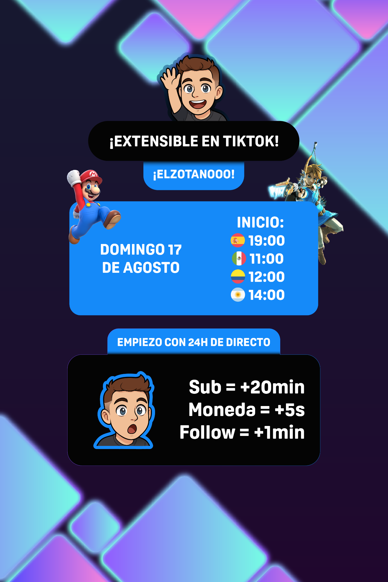 Vertical poster for TikTok subathon adapted with neon background and simplified rules